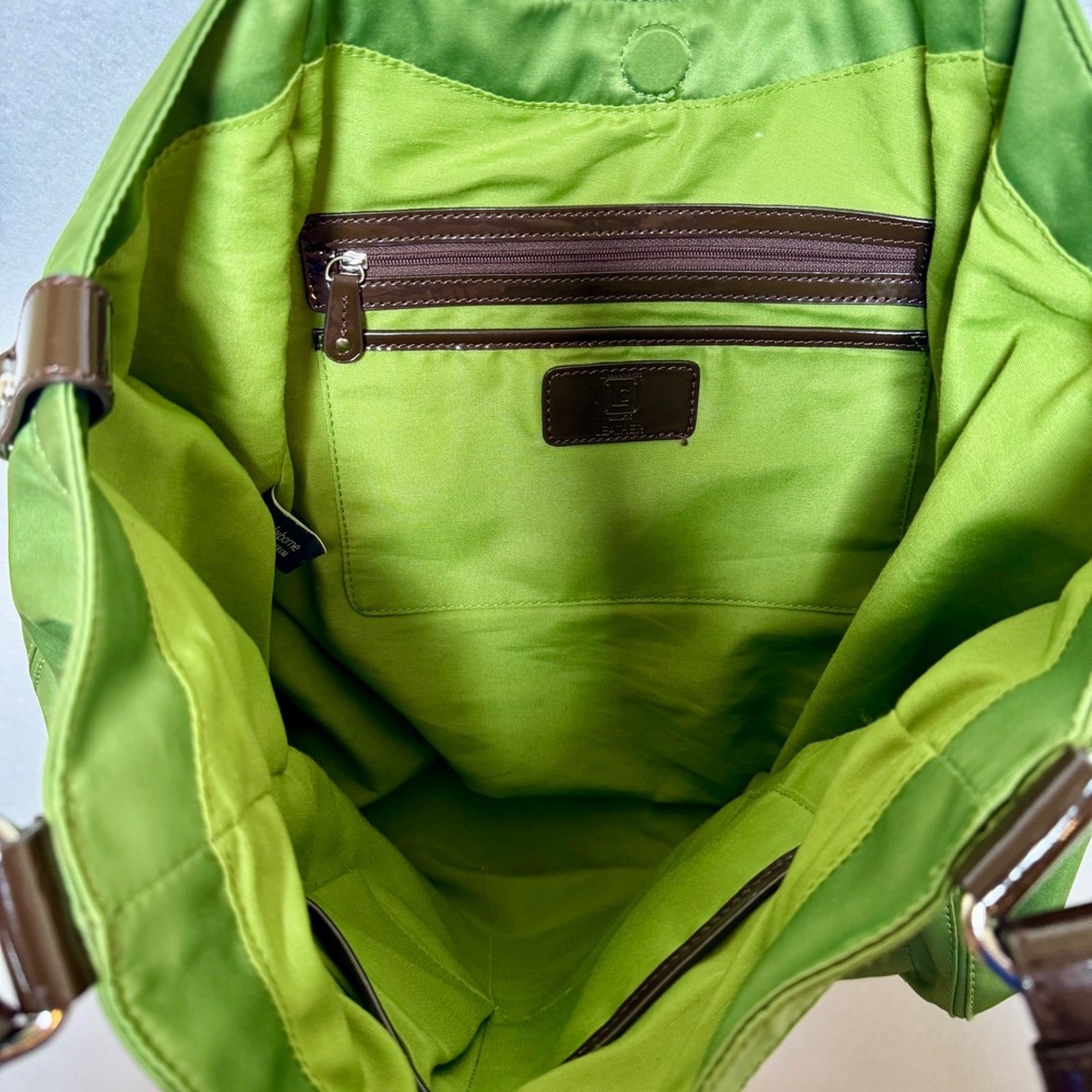 Liz Claiborne Lime Green Nylon Shoulder Bag Brown Patent Leather Trim Hobo Tote - Picture 4 of 11